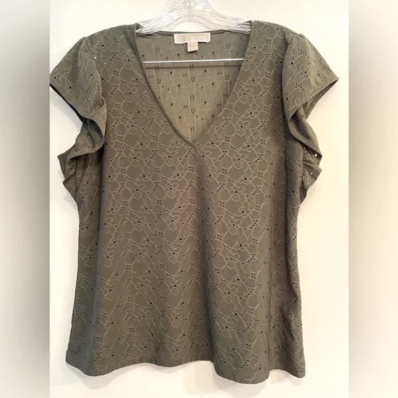 Michael Kors Ruffle Sleeve Eyelet Olive Shirt Size Large - Picture 2 of 6